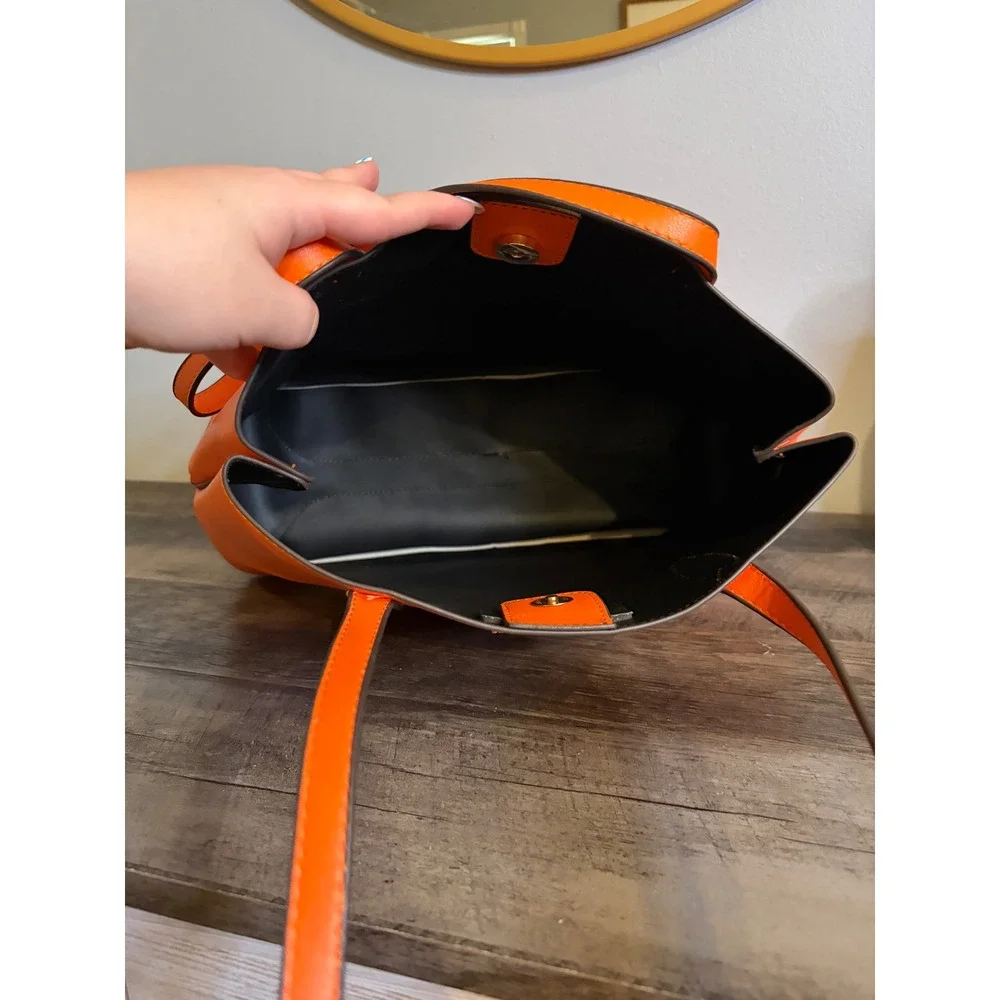 Kate Spade New York Orange Leather Tote Bag Shoulder Purse Gold Logo